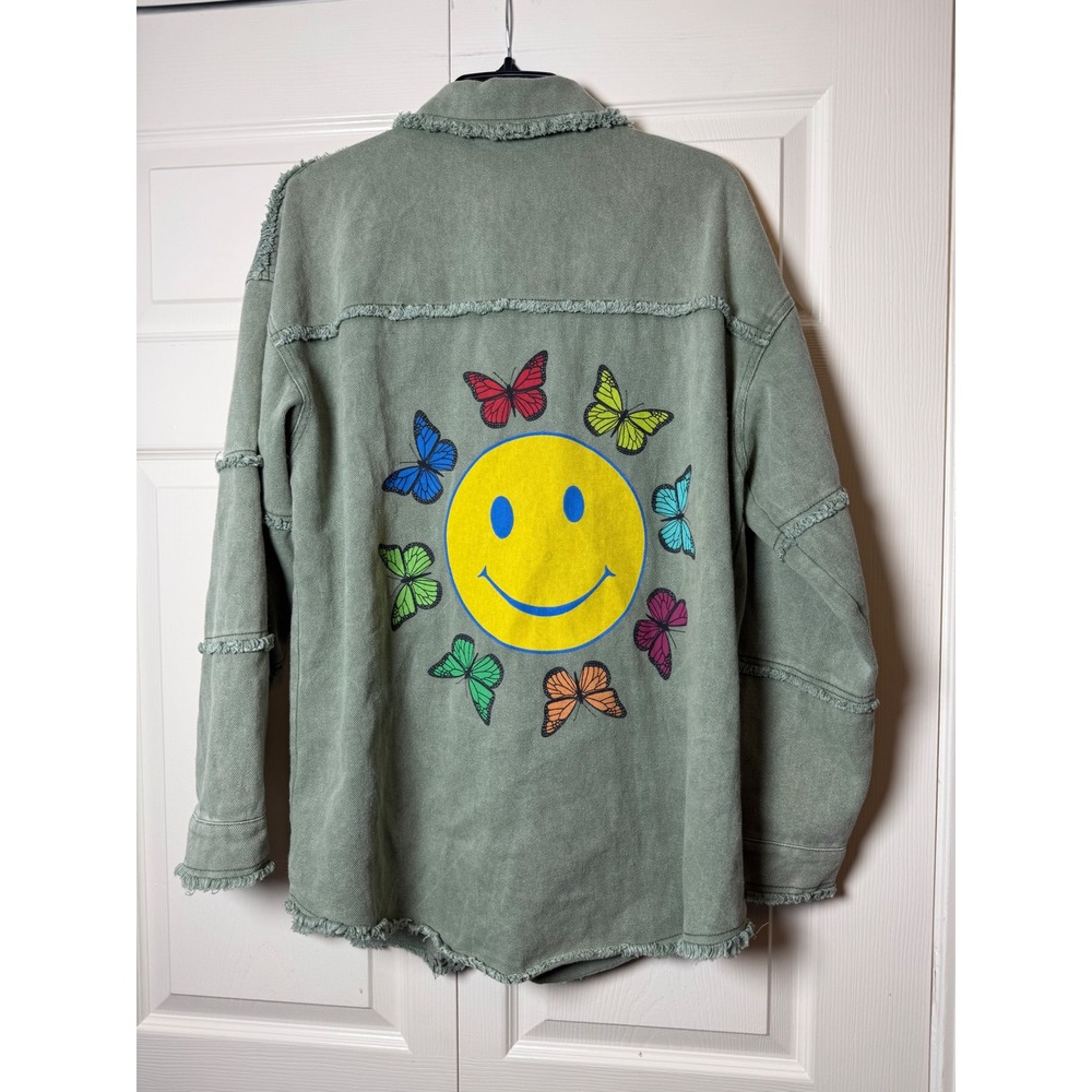 Blue B Collection Sage Green Smiley Face Butterfly Frayed Denim‎ Shacket   M